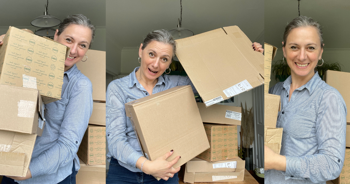 This Exactly how I would get work experience with an Interior stylist if I was just starting out. This images is of Interior Stylist Emma Morton-Turner holding boxes of props 