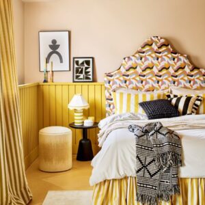 Main Yellow bedroom with patterend headboard 